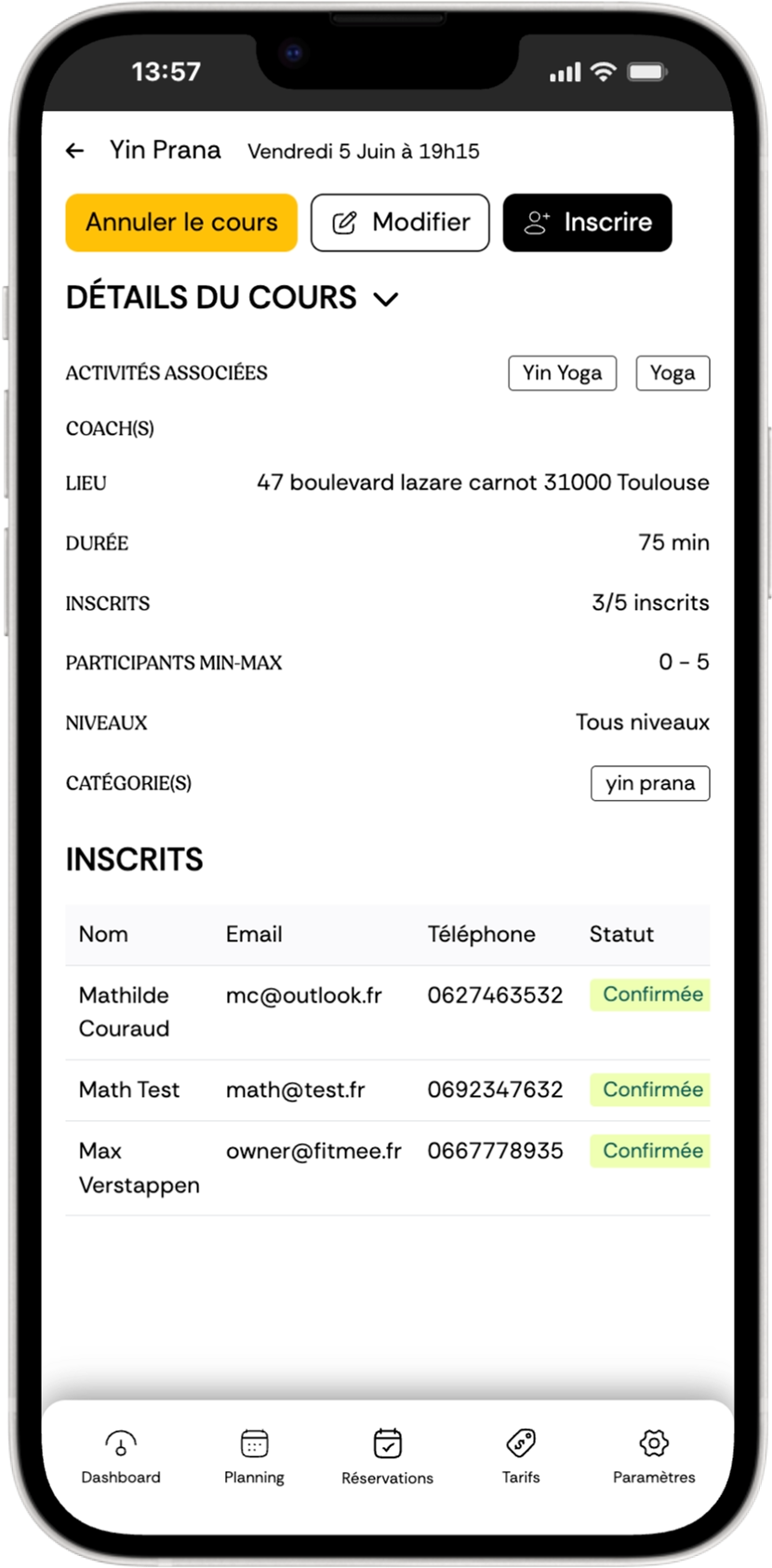 Détail d'un cours côté coach Fitmee : inscrits, statuts et infos