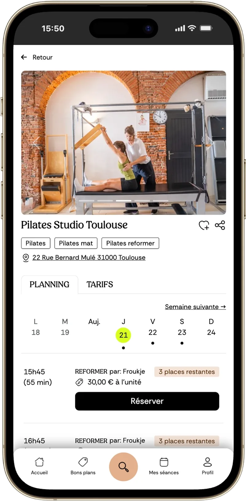 Réservation d'un cours de Pilates sur l'app Fitmee