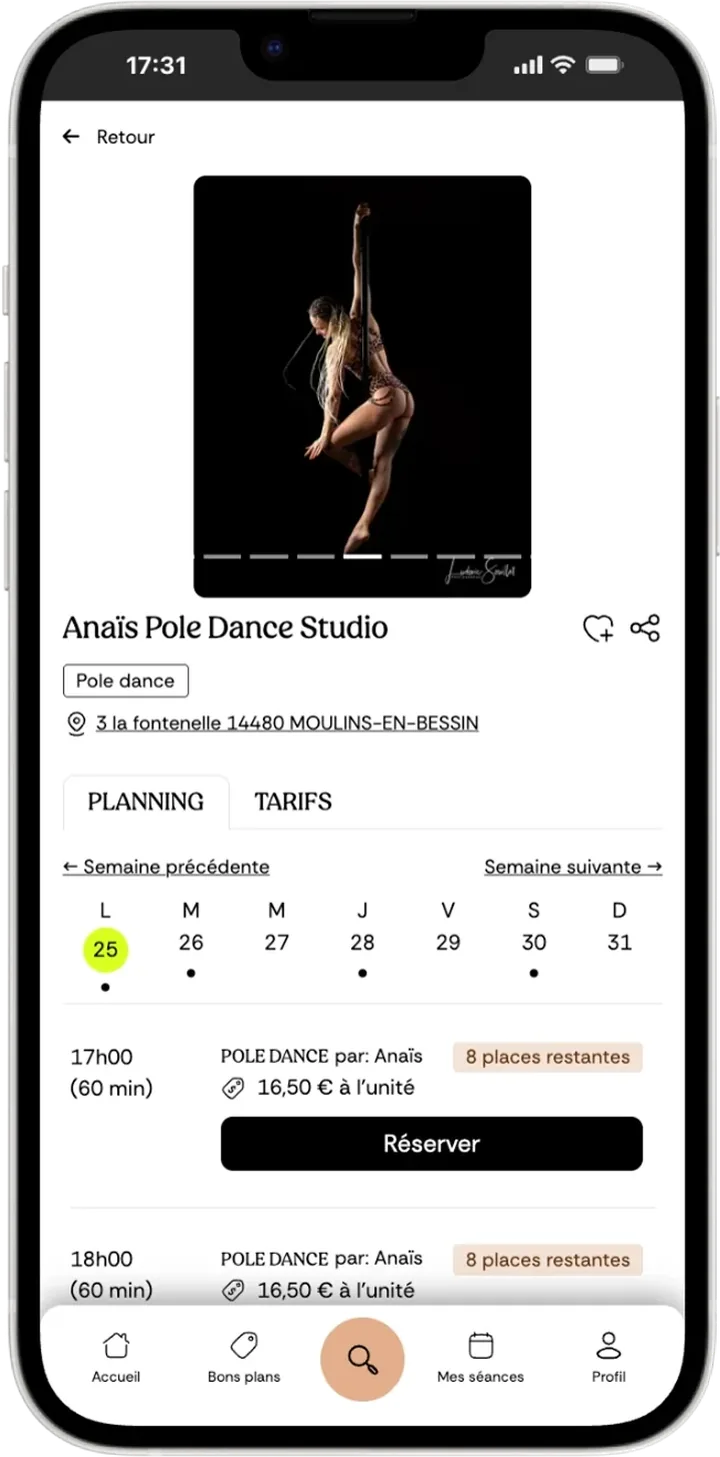 Réservation d'un cours de pole dance sur l'app Fitmee