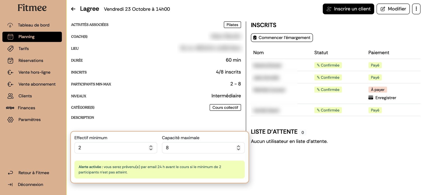 Fiche d’un cours Lagree dans Fitmee : 4 inscrits sur 8 places, avec le réglage de l’effectif minimum à 2 et de la capacité maximale à 8