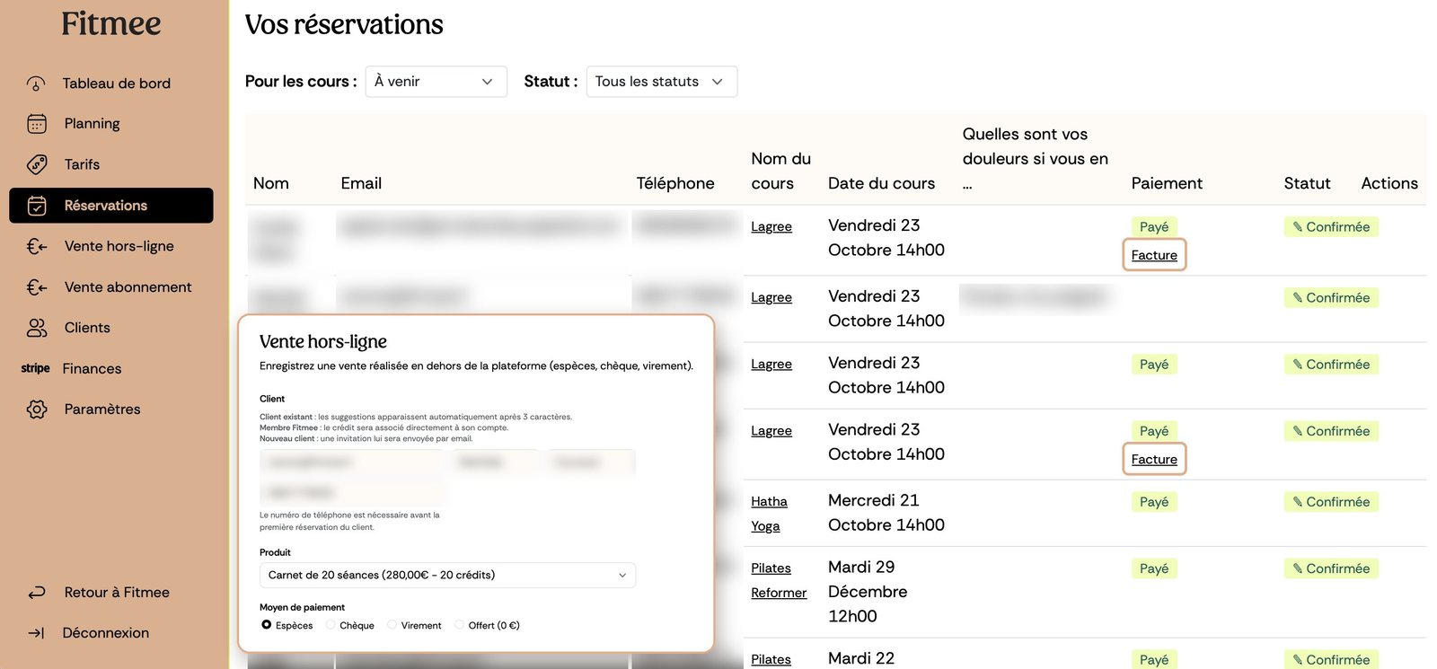 Liste des réservations dans Fitmee avec le statut de paiement et le lien vers la facture, et formulaire de vente hors ligne pour enregistrer un paiement en espèces, chèque ou virement