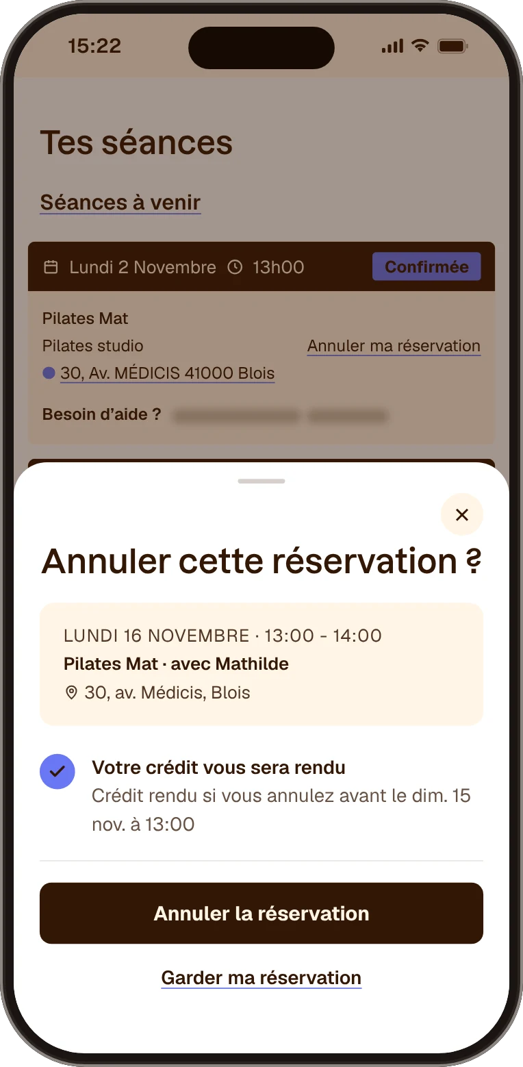 Fenêtre « Annuler cette réservation ? » dans l’application Fitmee pour un cours de Pilates Mat : « Votre crédit vous sera rendu – Crédit rendu si vous annulez avant le dim. 15 nov. à 13:00 »