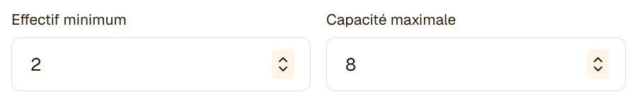 Réglage d’un cours dans l’interface gérant Fitmee : effectif minimum de 2 et capacité maximale de 8 places