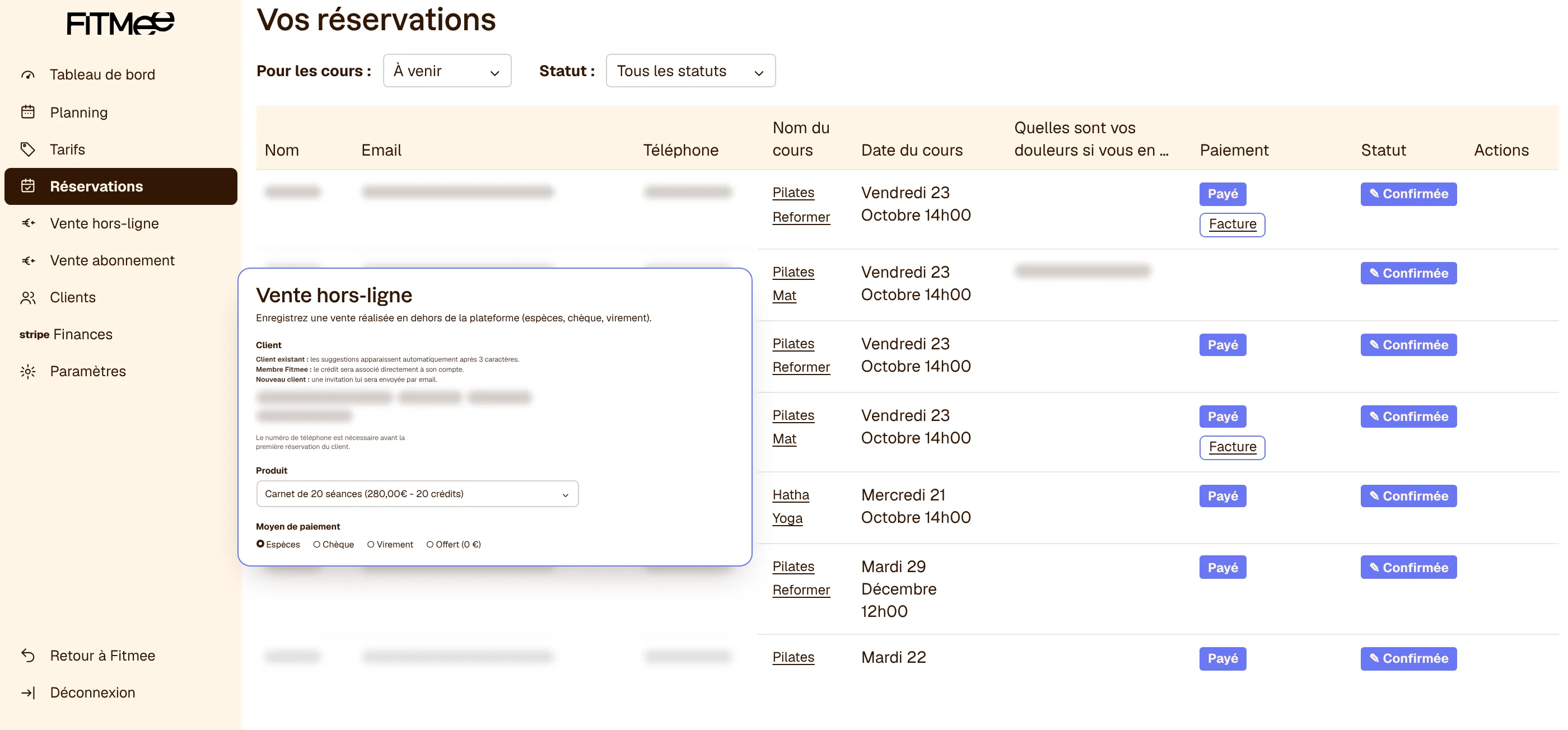 Liste des réservations dans l’interface gérant Fitmee, avec le statut de paiement et le lien vers la facture, et formulaire de vente hors ligne