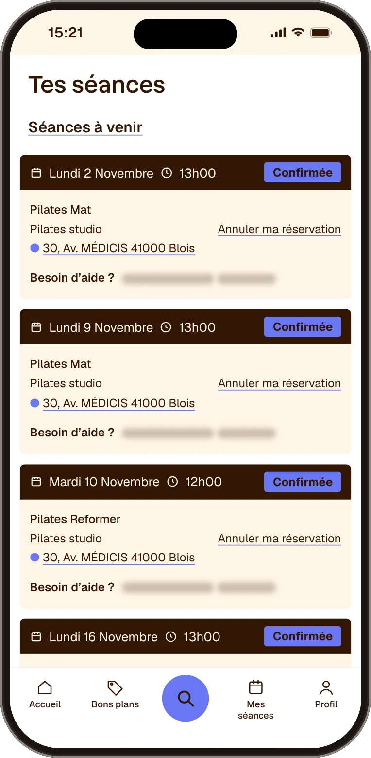 Onglet « Mes séances » de l’application Fitmee : séances à venir confirmées, avec la date, l’heure, l’adresse et le lien « Annuler ma réservation »