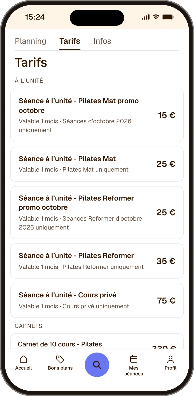 Onglet Tarifs de La Voie du Pilates dans l’application Fitmee : séances à l’unité Pilates Mat, Pilates Reformer et cours privé, avec leur prix, leur validité et les cours accessibles