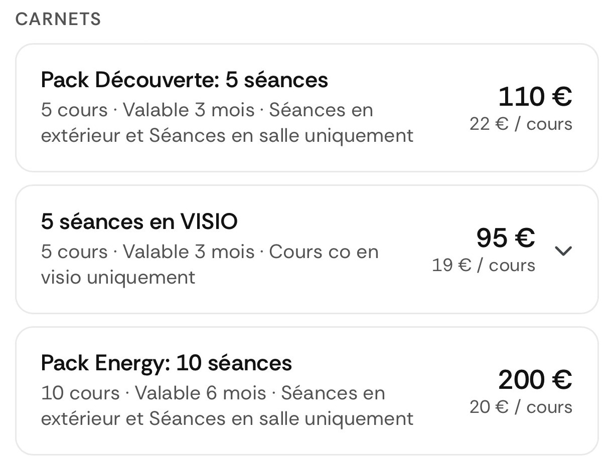 Trois carnets d’une coach dans l’application Fitmee : 5 ou 10 séances, durée de validité de 3 ou 6 mois, cours accessibles et prix par séance