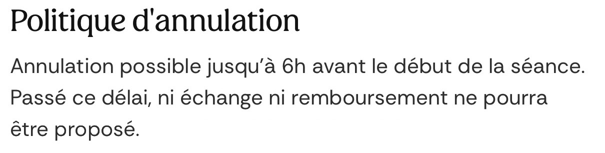 Politique d’annulation affichée sur la page d’une coach dans l’application Fitmee : annulation possible jusqu’à 6 h avant le début de la séance